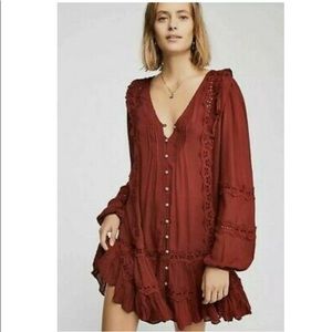 Free People Snow Angel Ruffled Boho Dress, Wine